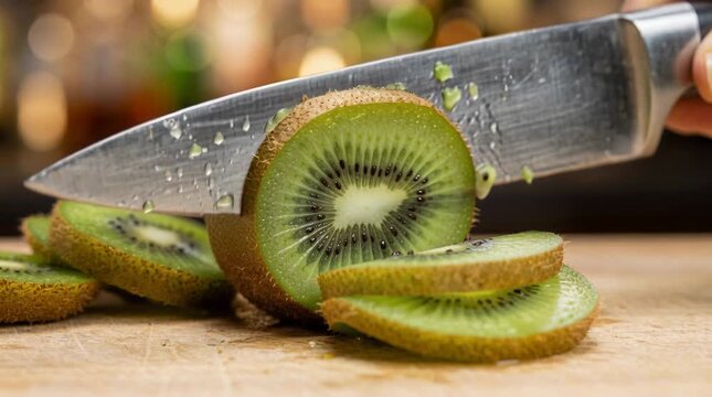 Close up on a chef slicing a fresh green kiwi fruit with a sharp steel knife on a wooden cutting board with water drops and blurred bar background with bokeh lights