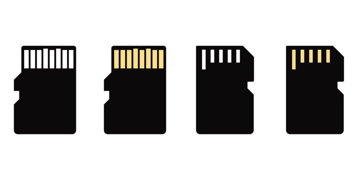SD Card Icons Set &ndash; Micro SD Memory Card Outline and Solid Black Silhouette Symbols for Data Storage and 
Digital Media Vector Collection