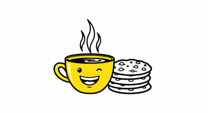 Cheerful yellow coffee cup winks next to stack of chocolate chip cookies