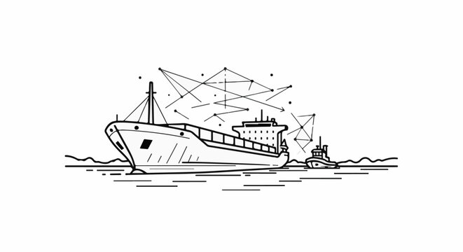 A stylized illustration shows a large cargo ship and a tugboat on the water with abstract connections above