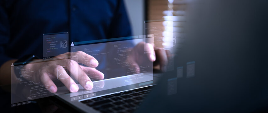 AI developers are writing code on laptops using virtual interfaces, data visualization, and programming.