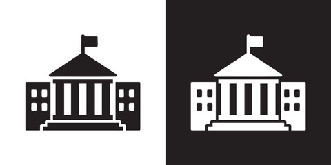 Fototapeta premium Minimalist Government Building Icon with Columns, Flag, and Symmetrical Wings in Black and White