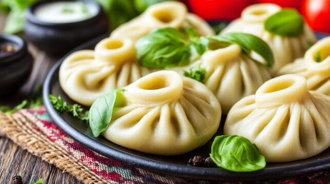 Traditional georgian khinkali dumplings on black plate with khinkali dumplings georgian appetizer
