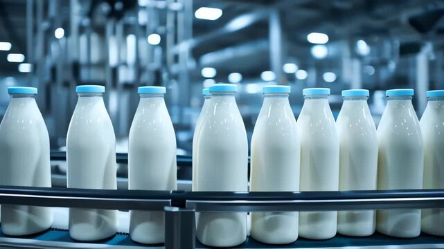 Row of Fresh Milk Bottles Moving on Factory Conveyor Belt