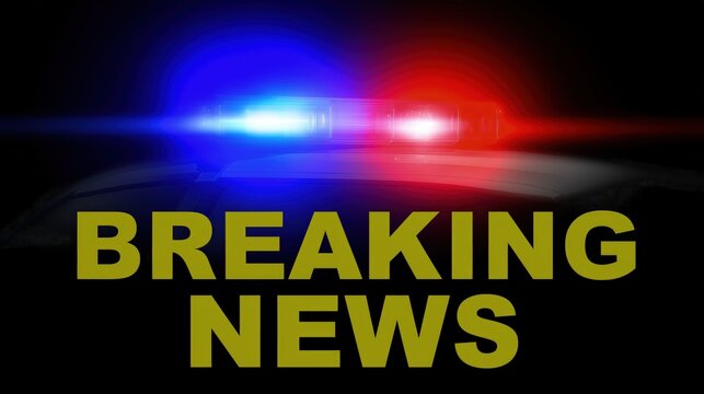 Urgent breaking news text with red and blue emergency vehicle lights flashing. Alert, urgent report, important announcement