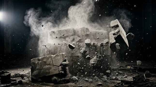 Dramatic Industrial Scene Of A Stacked Brick Structure Collapsing With Debris Flying And Dust Clouds Billowing Under Dramatic Spotlight