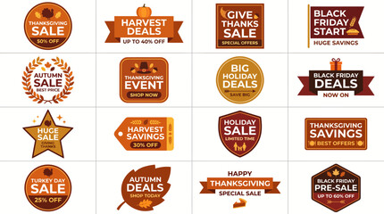Naklejka premium Autumn sale badges collection vector set with thanksgiving discount labels black friday promo tags and retail stickers