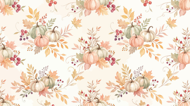 Pastel pumpkin seamless vector pattern with autumn leaves berries and soft harvest design