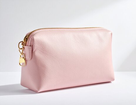 Premium Pastel Pink Leather Cosmetic Bag Mockup Elegant Makeup Pouch with Gold Zipper Travel Organizer Isolated on White Background