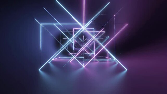A futuristic abstract composition showcases intersecting neon lines in shades of blue and purple, creating a dynamic and visually striking geometric design against a dark background.