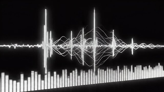 A striking visual representation of sound waves and an equalizer against a dark background, symbolizing music and audio technology.