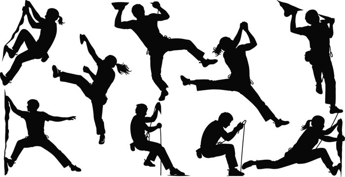 Set of rock climbing silhouettes with dynamic poses, rope techniques and mountaineering actions isolated for adventure sport and outdoor activity design