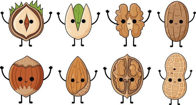 Cute cartoon nuts characters set including walnut almond peanut and hazelnut with funny faces healthy food mascot vector illustration collection