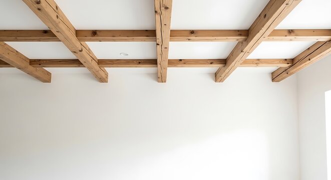 Minimalist empty room with rustic wooden ceiling beams and white wall