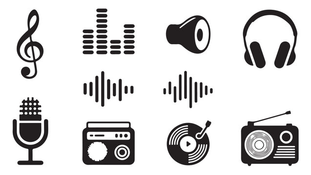 Professional music studio and radio equipment icons with musical notes and sound waves set.