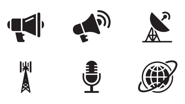 Set of communication and broadcasting icons megaphone satellite antenna and microphone on white background.