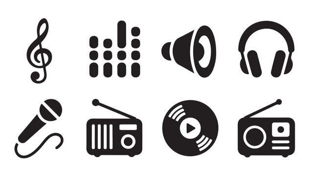 Music and audio icons treble clef equalizer speaker headphones microphone radio and record.