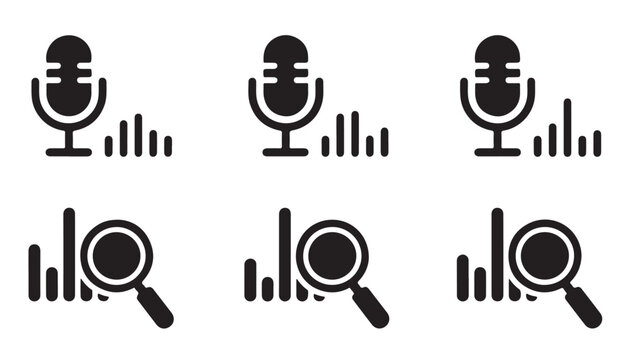 Microphone and sound wave icons with magnifying glass for audio analysis and voice recognition.