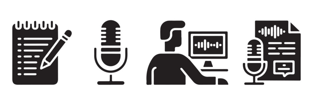 Journalism icon set featuring notebook microphone person at computer and transcript file.