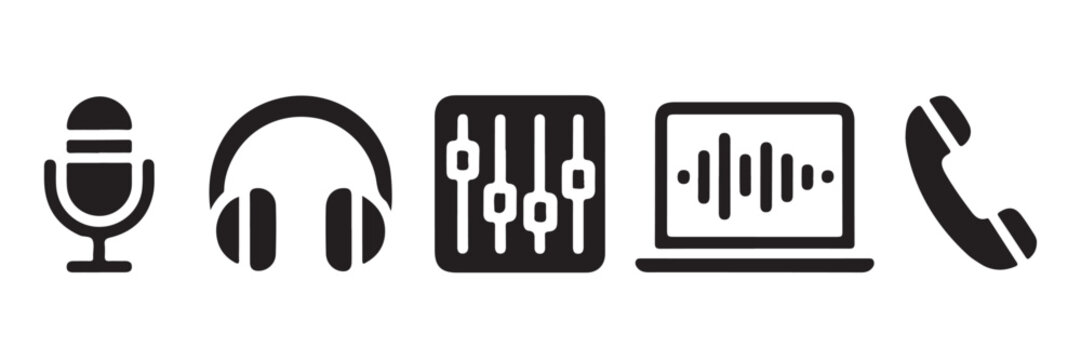 Multimedia recording equipment icon set with microphone headphones fader and workstation.