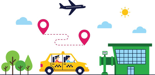 Fototapeta premium Vector illustration of a taxi traveling to an airport with pin locations
