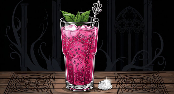 Refreshing pink berry cocktail with ice and mint garnish served on a wooden bar with gothic background perfect for summer dri