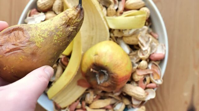 Bio compost . Spoiled pear, apple and peanut shells in a plate.Reuse of products. 4k footage