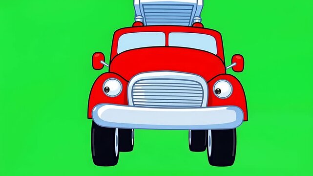 Friendly red cartoon fire truck with ladder on green background, front view