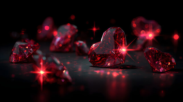 Fire opal crystal heart pattern with red gems on dark luxury valentine macro backdrop