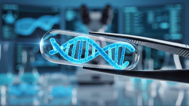 A close-up view showcases a DNA helix held by robotic tweezers within a futuristic laboratory setting, highlighting advancements in genetic research and biotechnology.