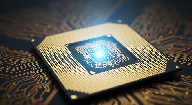Close-up of a computer microchip with glowing blue center