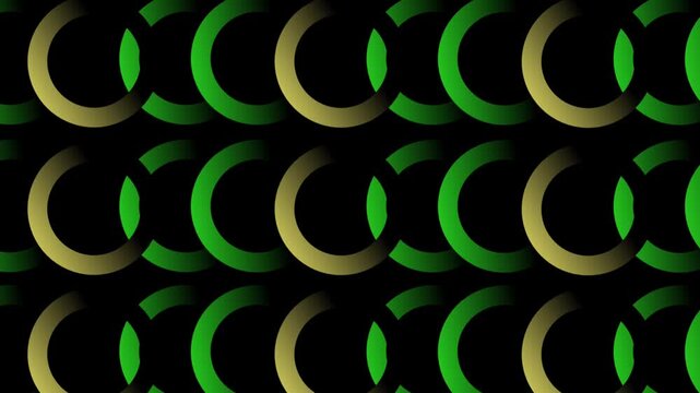 A rhythmic animation of interlocking green and gold rings swaying in a seamless geometric pattern on a dark background.