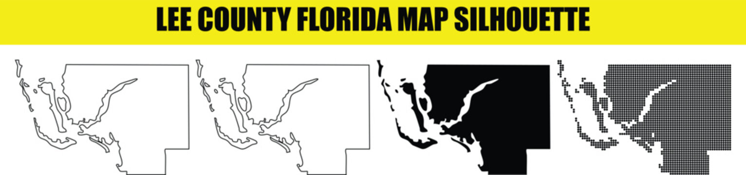 Lee county florida map silhouette complex island and coastal outlines with black solid fill and modern halftone pattern dots.