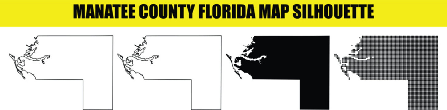 Manatee county florida map silhouette detailed set with coastal outlines and geographical land shapes for professional design.