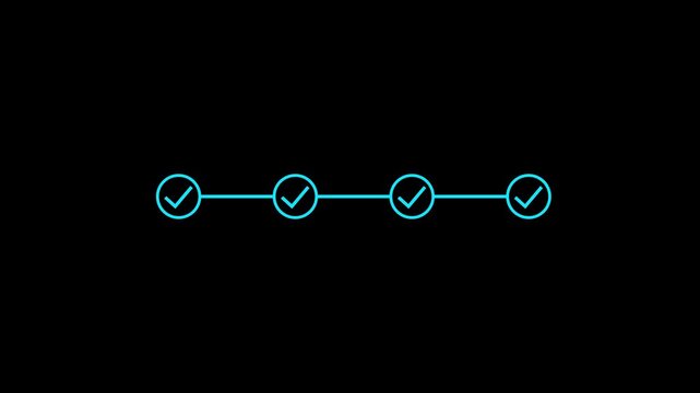 4 step infographic process with check mark icon animation. Animated Timeline Infographic Showing Step-by-Step Process success with check marks. Looping progress checkpoints.