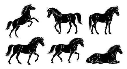 Fototapeta premium Set of Black Horse Silhouettes in Various Poses: Standing, Rearing, Walking, Lying Down