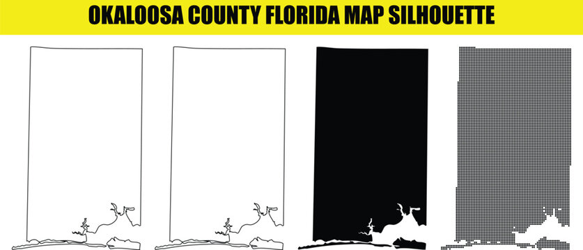 Okaloosa county florida map silhouette featuring panhandle region outlines with coastal inlets and dot pattern vector assets.