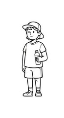 Obraz premium Smiling boy wearing cap and shorts holding water bottle standing isolated on white background