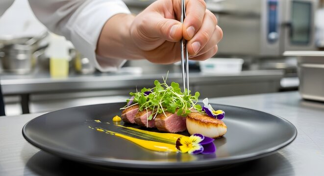 Chef garnishing gourmet meat and scallop dish with tweezers