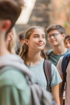A group of teenagers visiting a historical site, showcasing the importance of cultural education and social studies, with an emphasis on learning and appreciating history