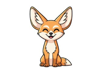 Fototapeta premium Cute Smiling Cartoon Fennec Fox Sitting on White Background