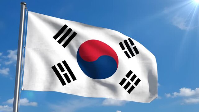 South Korean Flag Waving Proudly Against a Bright Blue Sky.
