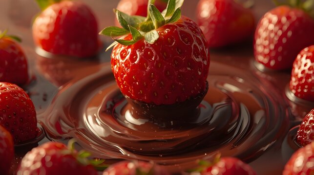 Close-up of Ripe Strawberry Dipped in Molten Chocolate
