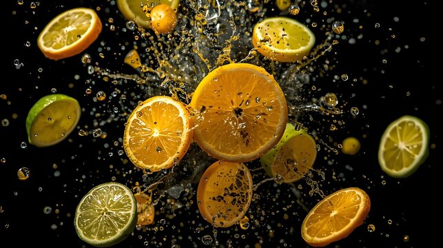 Citrus Slices Splashing in Water, Dynamic Citrus Explosion on Black Background