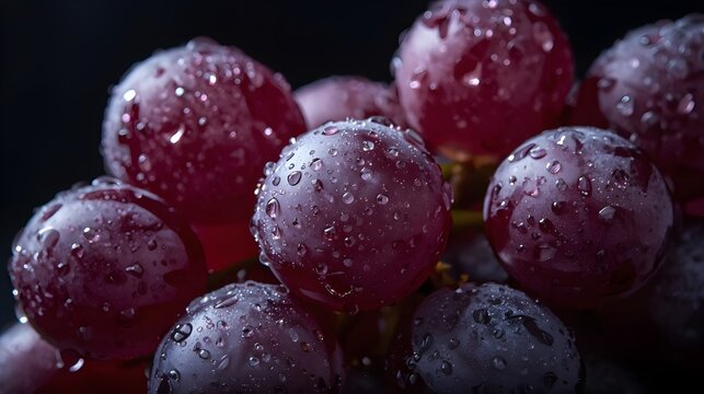 Close-up of fresh red grapes with water droplets, dark background