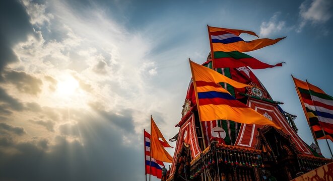 Ornate wooden chariot with colorful flags for Jagannath Rath Yatra festival under sunbeams in Puri Odisha India