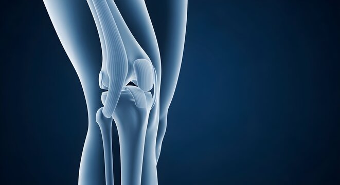 3D rendered illustration of a human knee joint's bone structure against a deep blue background