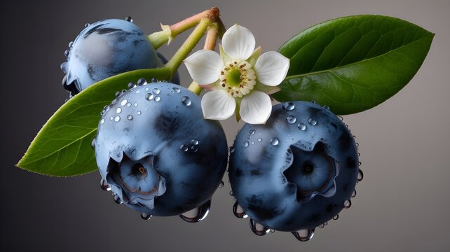 Close-up of fresh blueberries with water droplets and white flower