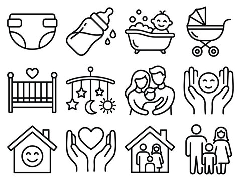 Baby and family care icons vector set with well being line art stroller illustration collection childhood domestic
