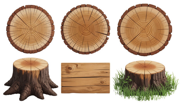 Flat design illustration of sliced tree stump and wood planks with natural greenery Vector